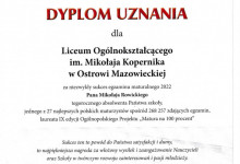 Mikołaj Rowicki laureat Ogólnopolskiego Projektu „Matura na 100 procent”