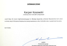 Kacper Kosowski laureatem w VIII edycji Olimpiady Statystycznej