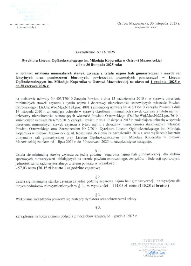 Zarządzenie Dyrektora nr 16/2025