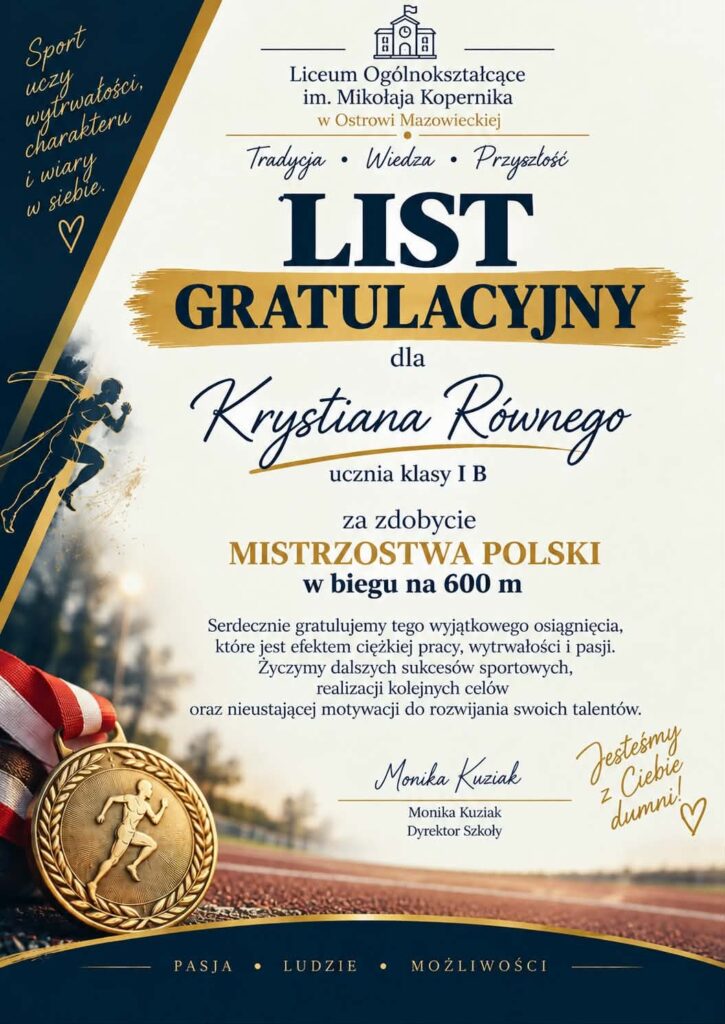 List gratulacyjny dla Krystiana Równego.